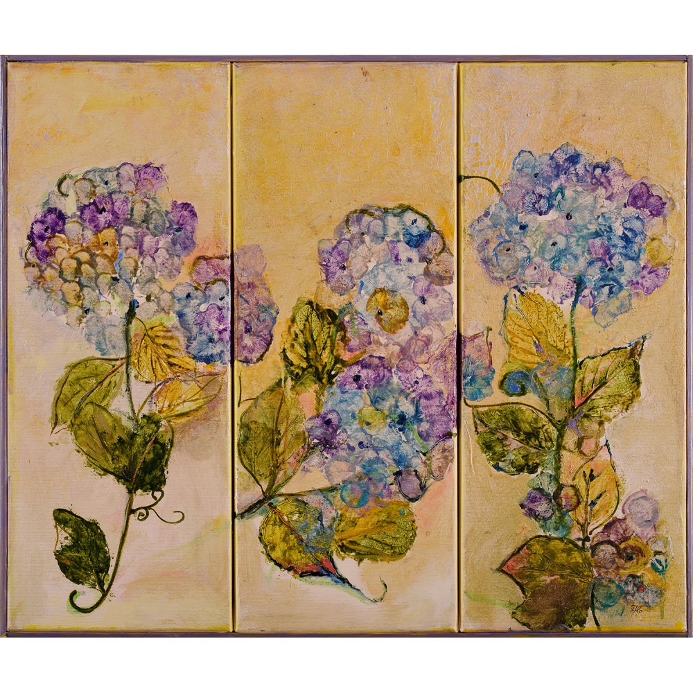 Trio hydrangeas - pictură în ulei pe pânză, artist Katalin Hajdu